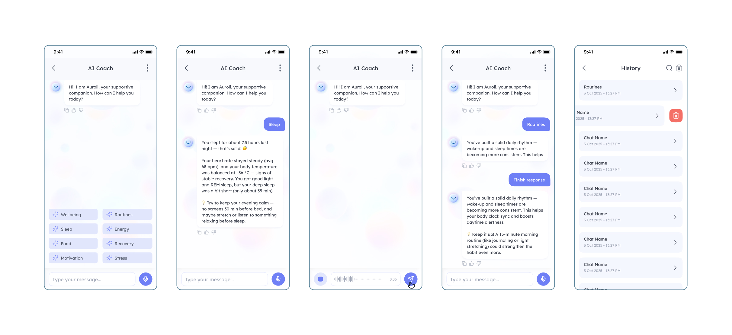 Auroli AI coach conversational screens