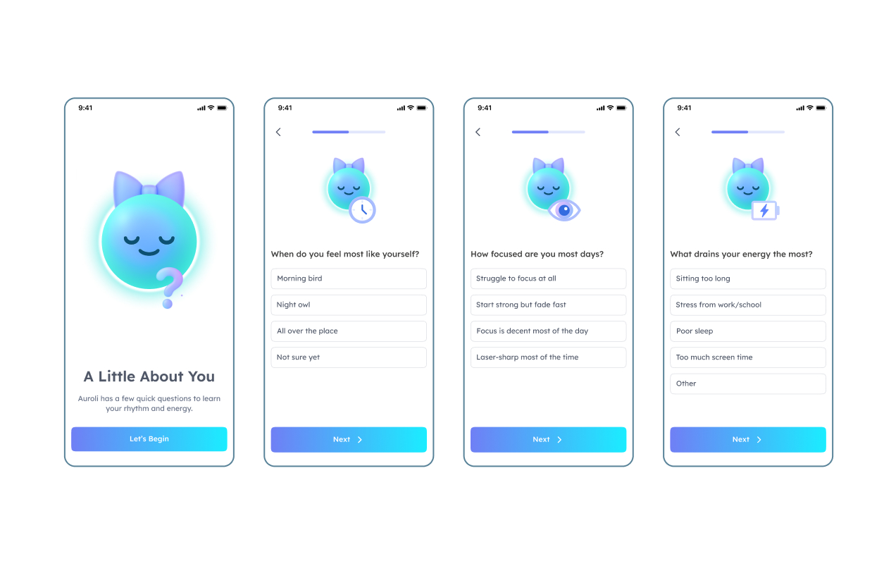 Auroli onboarding wizard screens (part 1)