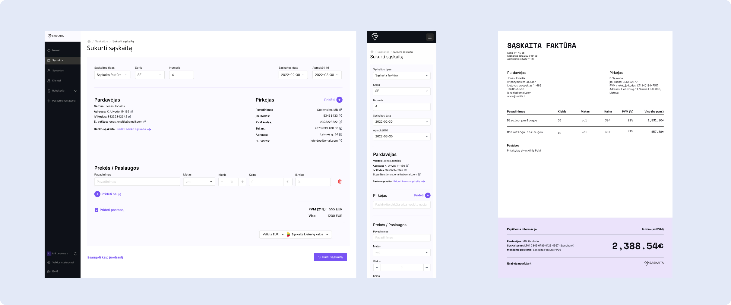 F-saskaita invoice builder — desktop, mobile, and preview