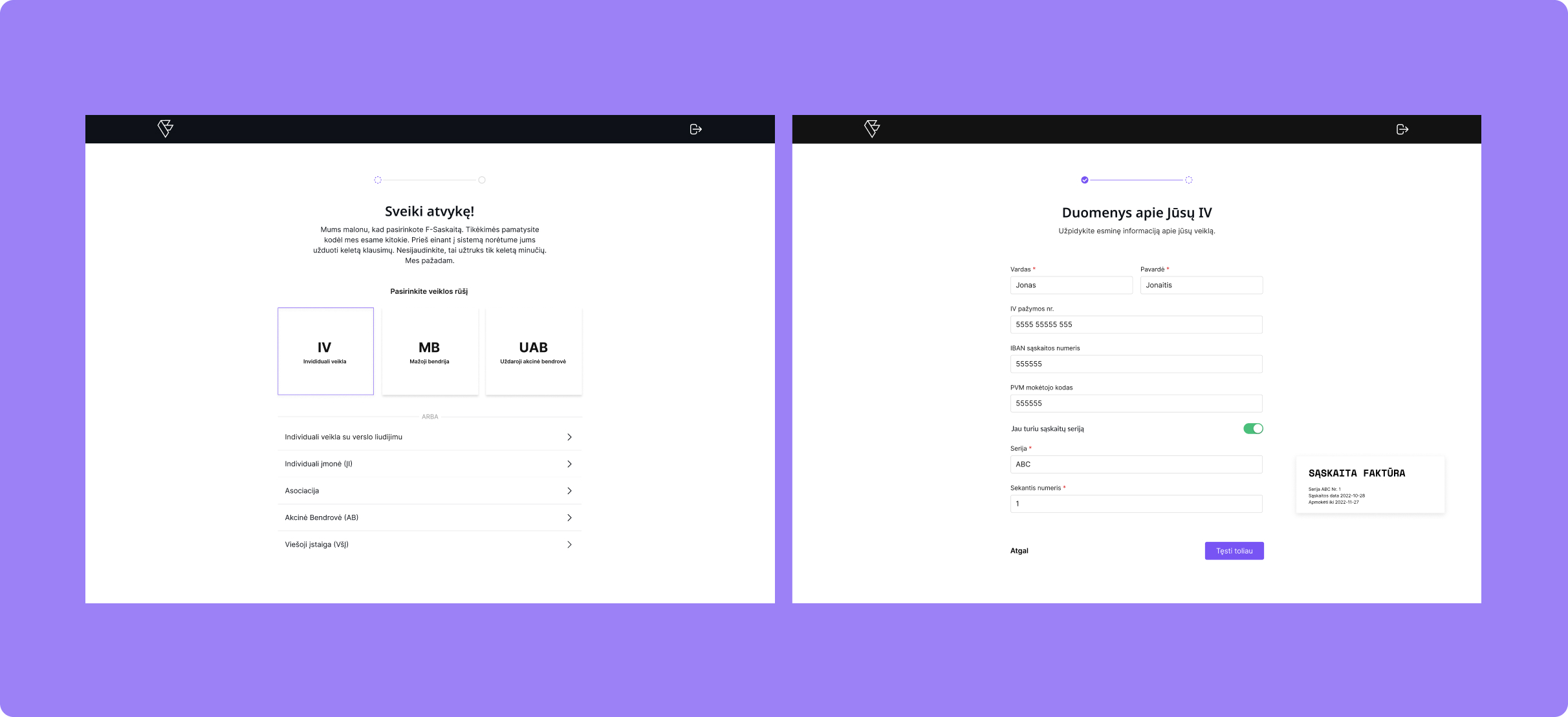 F-saskaita onboarding flow