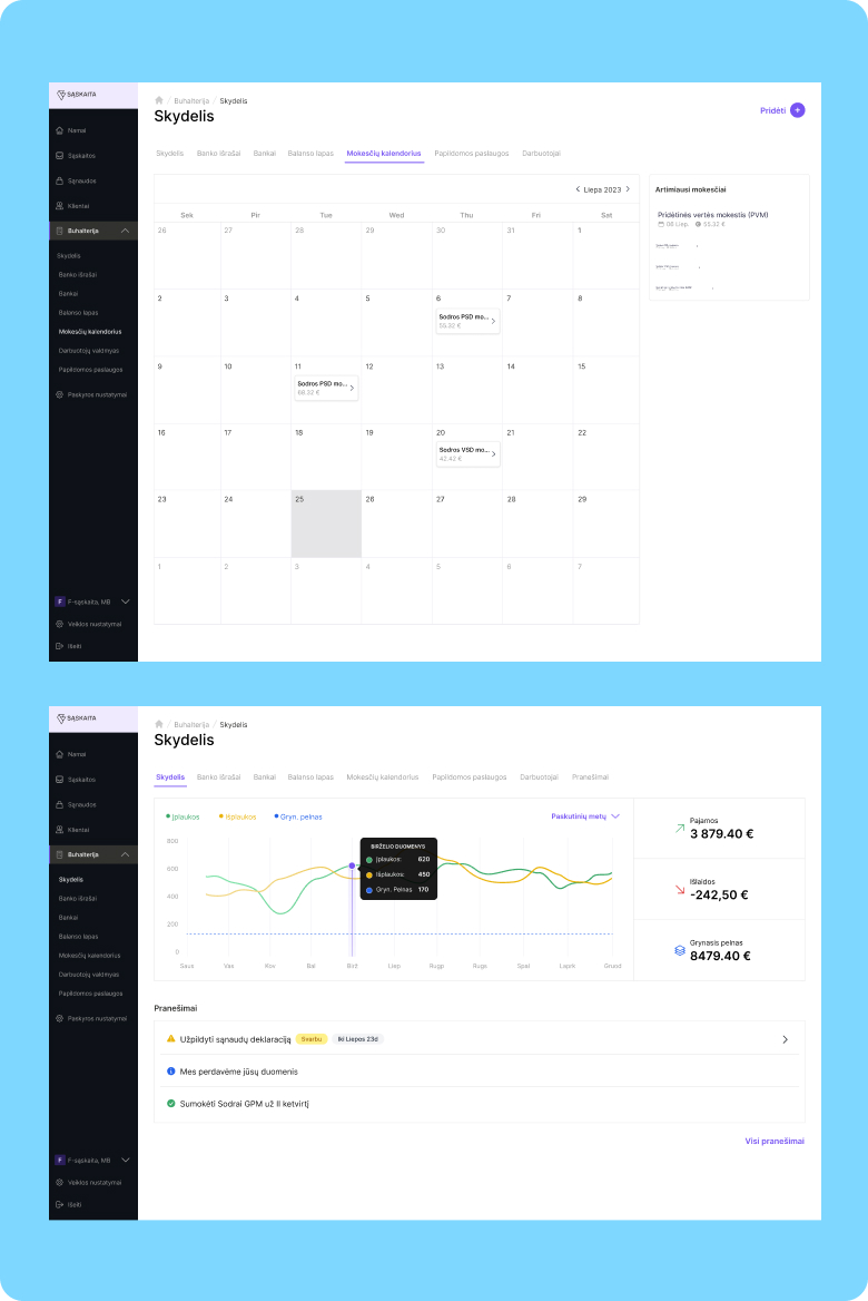 F-saskaita dashboard and tax calendar