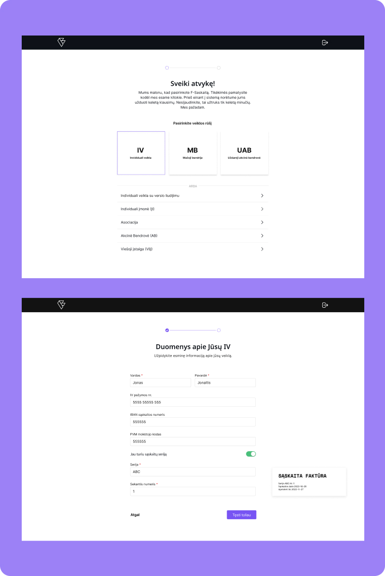 F-saskaita onboarding flow